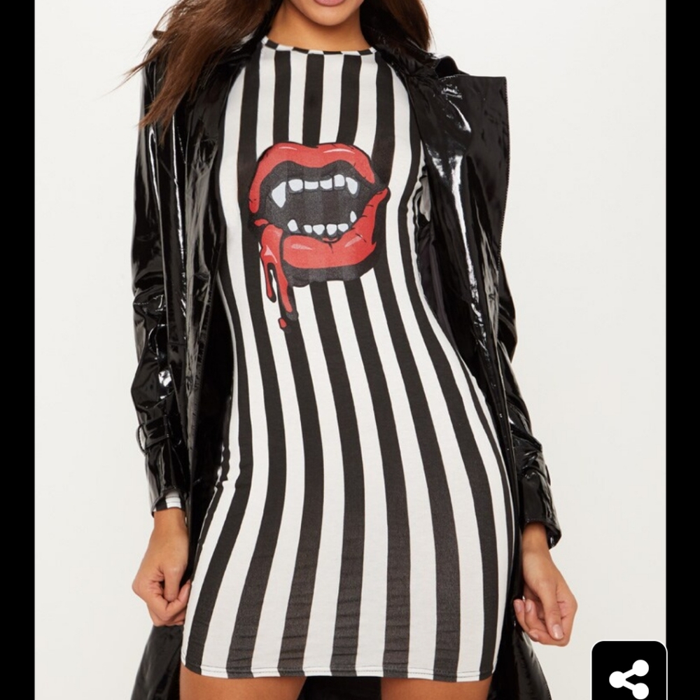 Vampire Lips Slogan Striped Dress